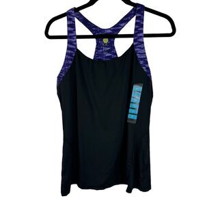 Kiwi Kate Tank Top Size XL Black/Purple Racerback Built in Bra Athletic NEW